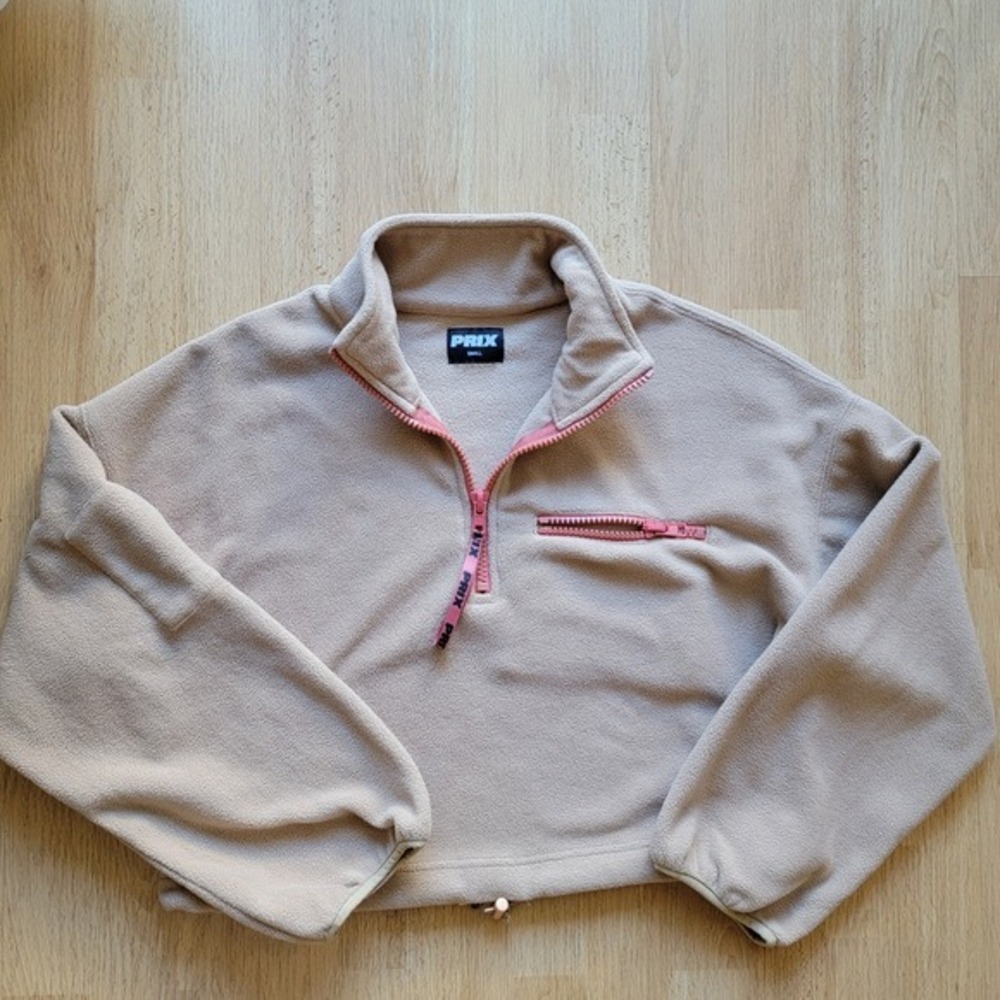 PRIX Fleece Quarter Zip Pullover Crop Top‎ Tan Pink Accent Women's Small